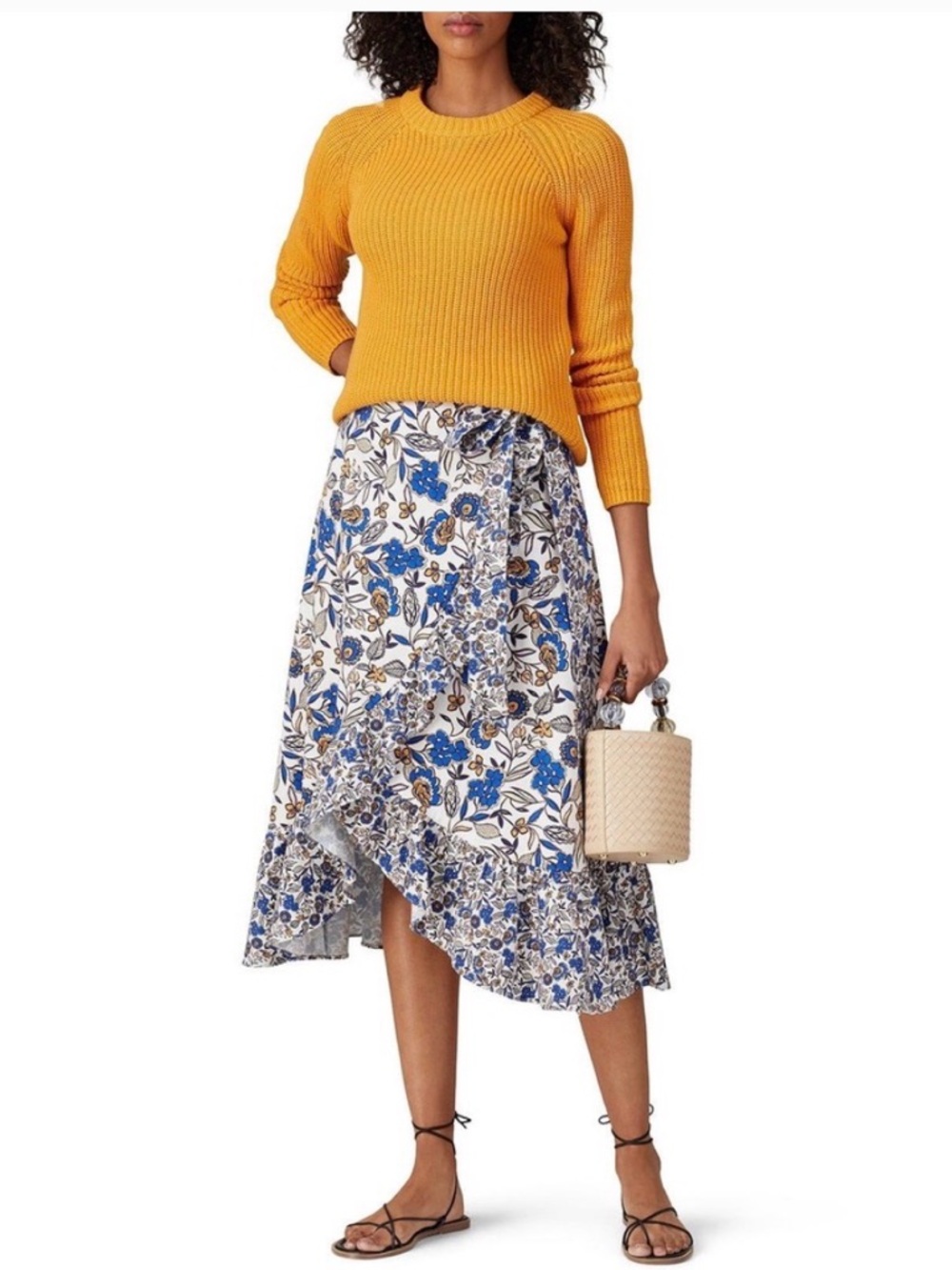 Shoshanna Blue and White ola Floral High-Low Ruffle Midi Skirt and matching top